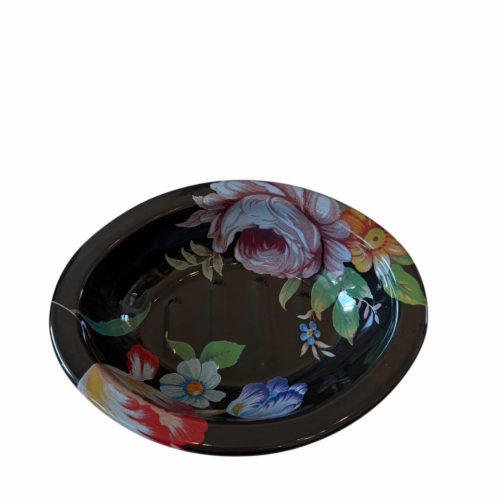 MacKenzie-Childs Black Flower Market Enamel Soap Dish NEW